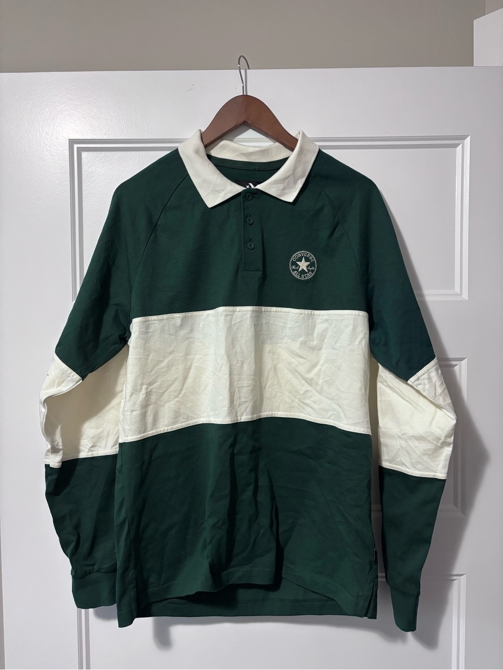 Converse Green and White Long-Sleeve Rugby Polo